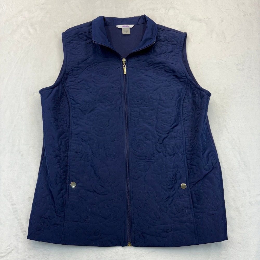 Alia Navy Blue Rose Quilted Full Zip Vest Womens Size 12 Floral Pattern Pocket